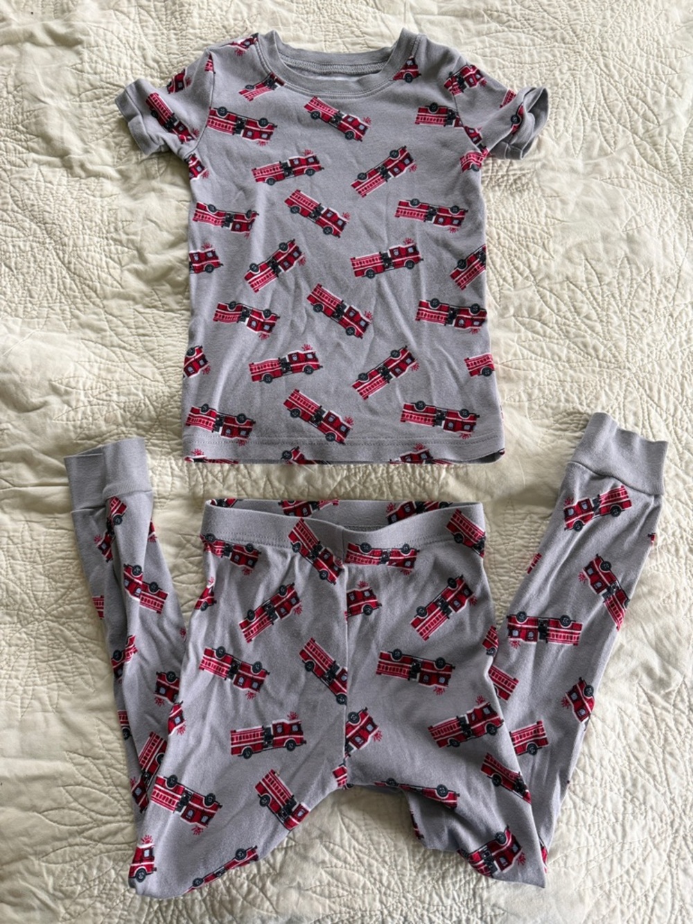 Old Navy Grey Kids Pajama Set with Red Fire Truck Print